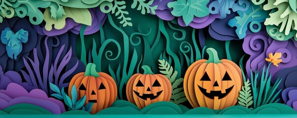 Colorful Halloween scene with three carved pumpkins, surrounded by vibrant paper art foliage and whimsical details. paper cut style.
