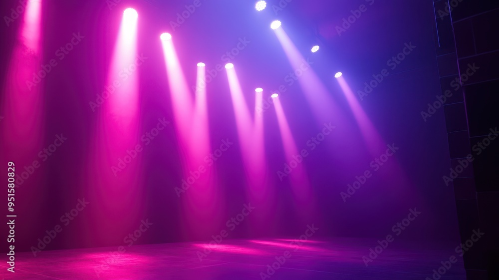 Poster vibrant lights illuminate an empty stage, creating an atmosphere of anticipation and excitement for 