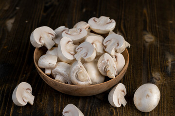 fresh, not cooked mushrooms, white champignons