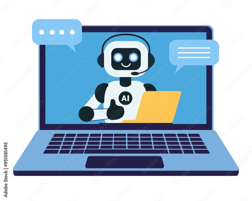 Wall mural cute chat bot, robot assistant with yellow laptop shows thumbs up for customer support on the blue l