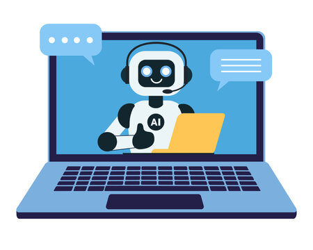 Cute chat bot, robot assistant with yellow laptop shows thumbs up for customer support on the blue laptop monitor screen. AI bot helper. Concept of virtual conversation assistant for getting help..