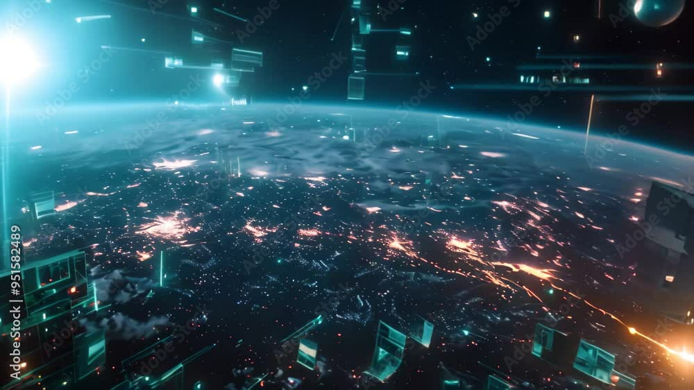 Poster a futuristic interpretation of global connectivity, illustrated with illuminated lines connecting po