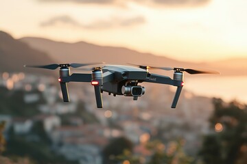 Drone Flying Against a Blurred Sunset Background