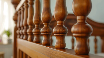 Fototapeta premium Close-up of a wooden crib railing with smooth, polished wood, highlighting the craftsmanship and texture.
