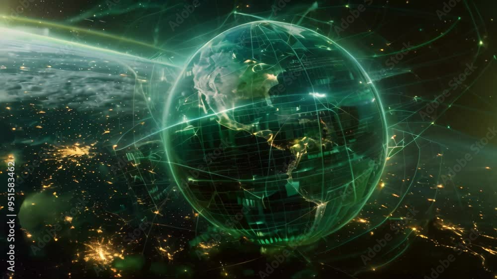 Poster a futuristic interpretation of global connectivity, represented by a mountain range made of geometri