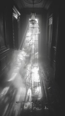 A hauntingly beautiful hallway illuminated by soft light and mist creates a mysterious atmosphere in this black and white photograph.