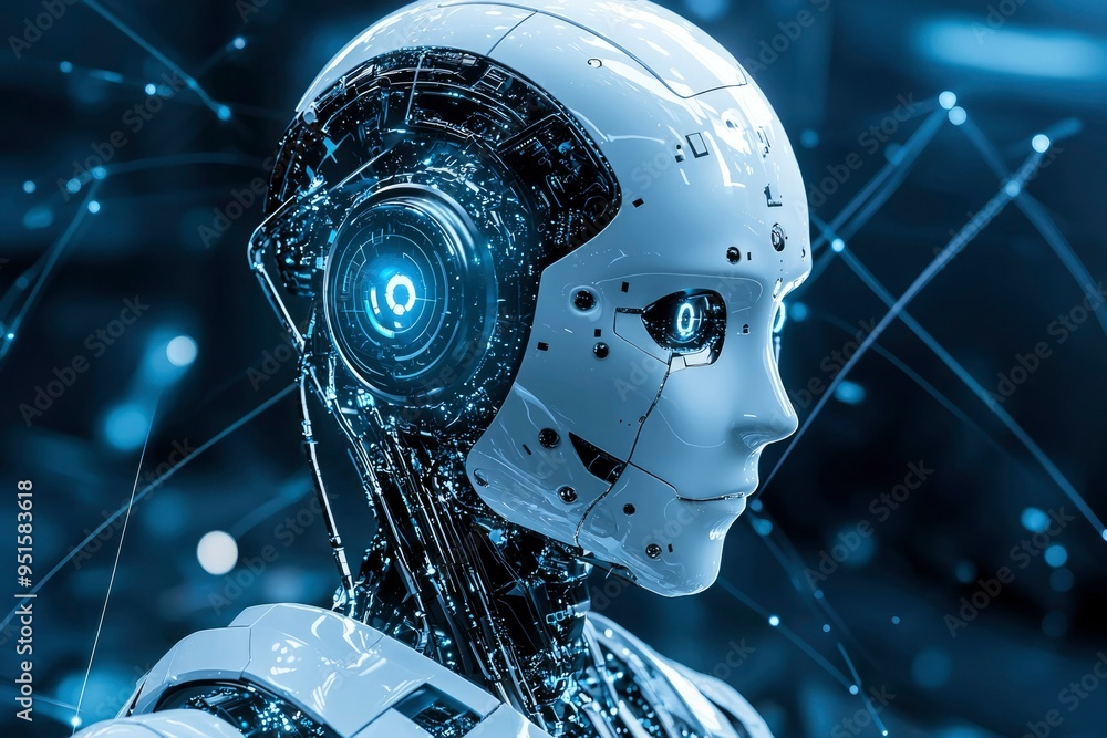 Poster close-up of a futuristic robot's head with glowing eye and complex internal mechanisms