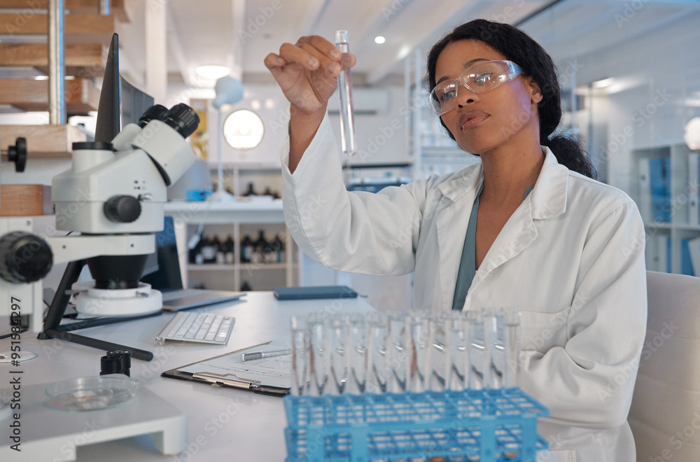 Poster scientist, test tube and science in lab for research, biotechnology or monkeypox vaccine development