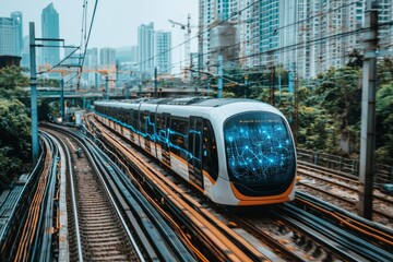 Fototapeta premium Modern Train with Digital Map Display Traveling Through Cityscape