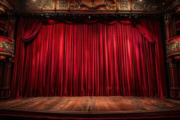 A stage with a red curtain and a wooden floor