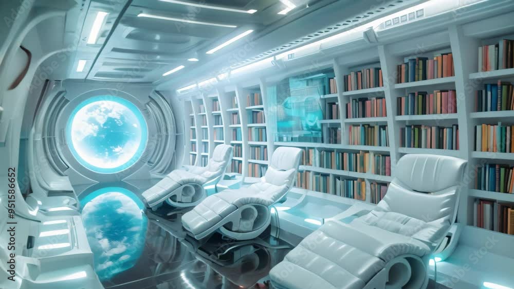 Poster a futuristic library with a large robot standing in the background and people working at computers, 