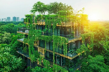 Modern Apartment Building Integrated with Lush Greenery and String Lights