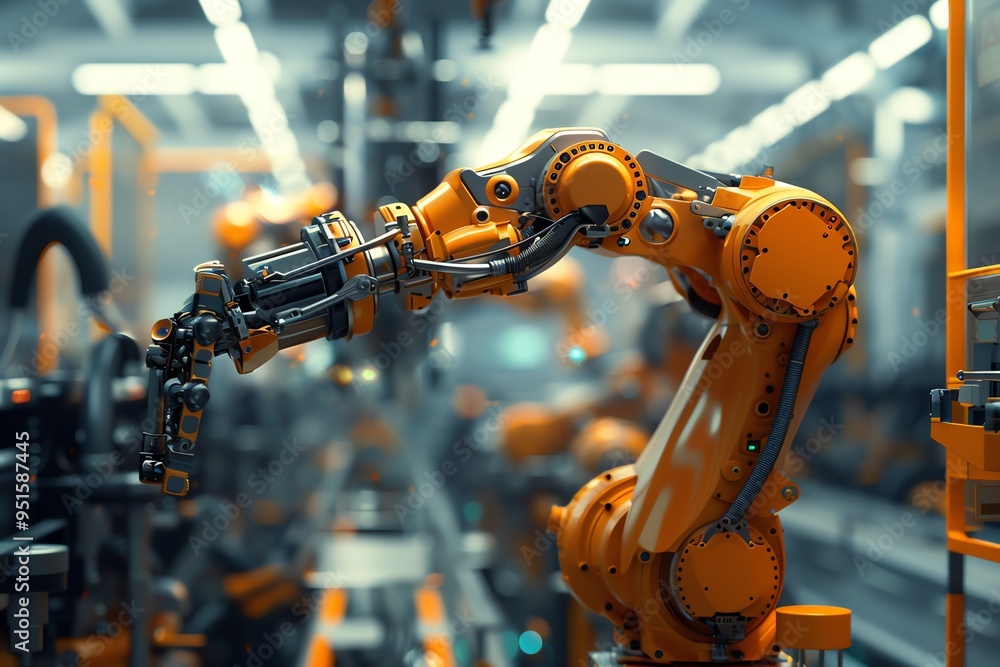 Poster an advanced robotic arm in a modern factory, showcasing precision and automation in manufacturing pr
