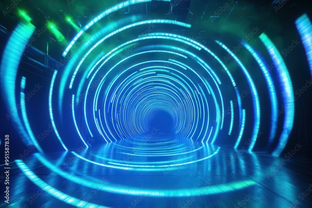 Poster vibrant tunnel with glowing blue circular lights, creating a mesmerizing effect of motion and depth,
