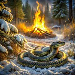 Fototapeta premium Coiled green snake in winter landscape near glowing campfire 