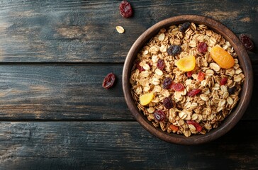 Healthy and Delicious Granola with Dried Fruits in a Wooden Bowl