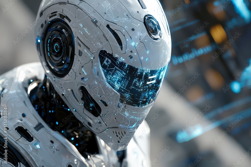 Poster close-up of a futuristic robot's head with a glowing display