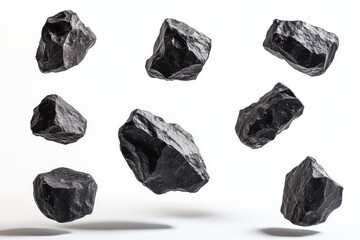Naklejka premium A group of dark, rugged rocks floating in mid-air against a white background