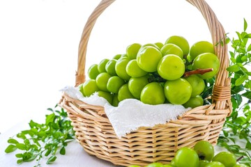 SHINE MUSCAT GRAPE fruit in basket , green grapes, bunch of grapes, on white background