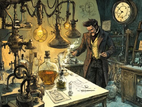 Victorian Scientist in a Vintage Laboratory Conducting Experiments with Antique Equipment and Glowing Light Bulbs