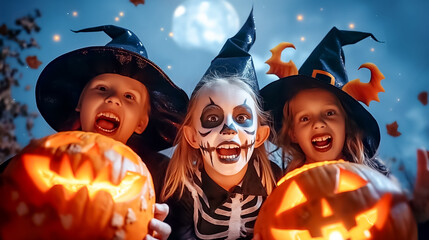 Obraz premium Three joyful children dressed in Halloween costumes, including masks and hats, enthusiastically show off their carved pumpkins under a bright moonlit sky