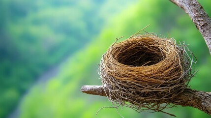 Close-up of a bird nest on a tree branch with intricate textures, nature focus
