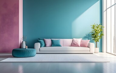Minimalist interior design of a modern living room with pastel blue and pink colored walls