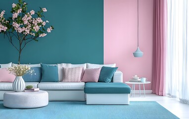 Modern interior design with a pastel blue, pink, and green color scheme