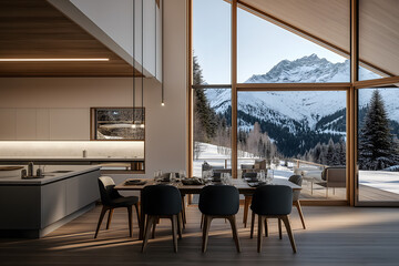 Luxurious Swiss-Style Open Concept Kitchen and Dining Room in a Minimalistic Mountain Retreat