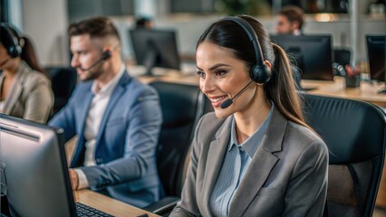 woman attending headset call center.