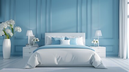 3D rendering of a bed with a white and blue duvet cover on the side Minimalist home decor design.
