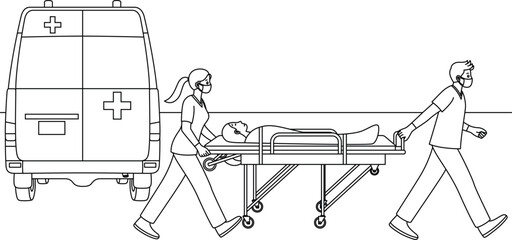 Paramedics is pulling a patient on a stretcher outline coloring page. Labor Day Hand Drawn Clip Art © Saly