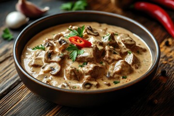 spicy with red chili beef Stroganoff with mushroom slices on bowl
