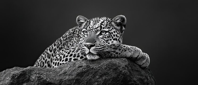 Black and white portrait of a wild leopard resting solid black background sharp focus detailed fur intense gaze