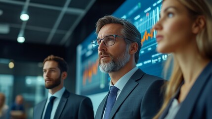 Strategic Vision: A team of business professionals, led by a seasoned executive with a discerning gaze, stand before a digital display of financial data. This image captures the essence of strategic p