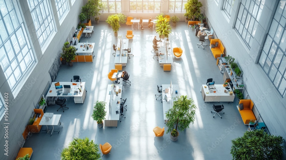 Poster modern open-plan office: sunlight streams through expansive windows into a vibrant and airy open-pla