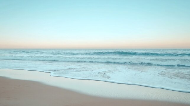 Empty beach with gentle waves lapping against the shore minimalist horizon line subtle transitions in color palette tranquil serene setting emphasizes open space and balance