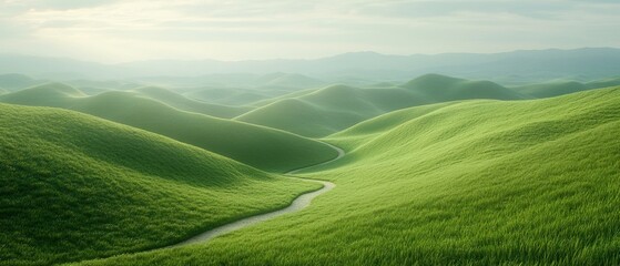 Single winding path through rolling green hills soft tones and balanced composition create a serene open landscape minimalistic yet impactful scene focused on natural beauty