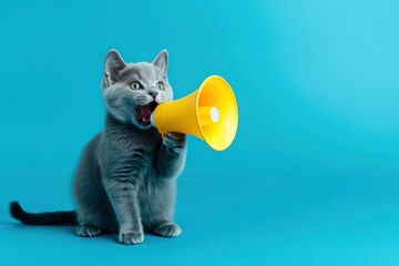Funny grey cat screams with a yellow loudspeaker on a blue background, creative idea. Fun pet kitten speaks into a megaphone. with generaive ai