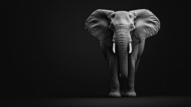 Black and white image of a solitary elephant standing tall on solid black background deep shadows textured skin realistic details
