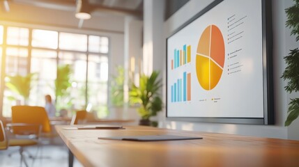 Data-Driven Decisions: A modern office bathed in warm sunlight, with a large monitor displaying vibrant data visualizations, hinting at strategic planning and collaborative analysis.