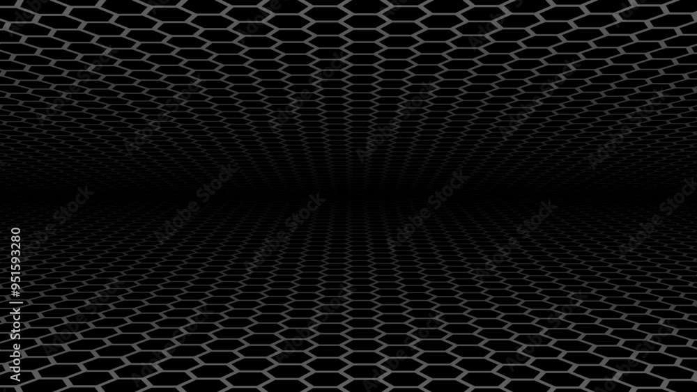 Poster Black hexagons background, dynamic dark gray 3D perspective hexagonal pattern background with copy space.