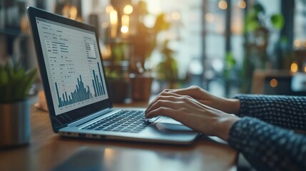 Data Analysis on the Go: A close-up of a person's hands typing on a laptop with a data analysis spreadsheet displayed on the screen, evoking a sense of focus and productivity in a modern, professional