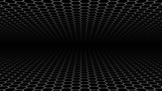 Black hexagons background, dynamic dark gray 3D perspective hexagonal pattern background with copy space.