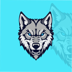 Game style wolf logo template illustration. Wolf head mascot sports symbol. Head of Strong Wolf with Blue Eyes.  Adobe Illustrator Artwork