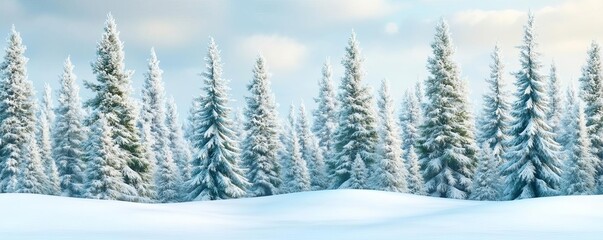 Fototapeta premium Cloudy winter forest horizon with snow-covered trees and a muted, cold atmosphere