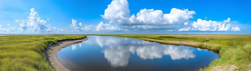 Cloudy horizon with reflections on a still river, creating a mirror-like effect in the water