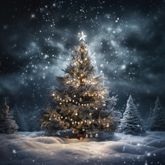 square image of a decorated christmas tree glowing in a snow covered landscape
