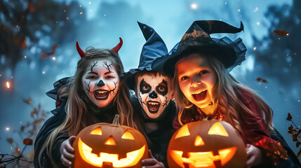 Three cheerful children dressed in Halloween costumes, including a witch and a skeleton, happily pose with glowing carved pumpkins in a misty forest at dusk