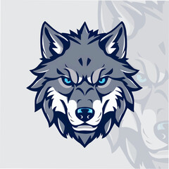 Game style wolf logo template illustration. Wolf head mascot sports symbol. Head of Strong Wolf with Blue Eyes.  Adobe Illustrator Artwork